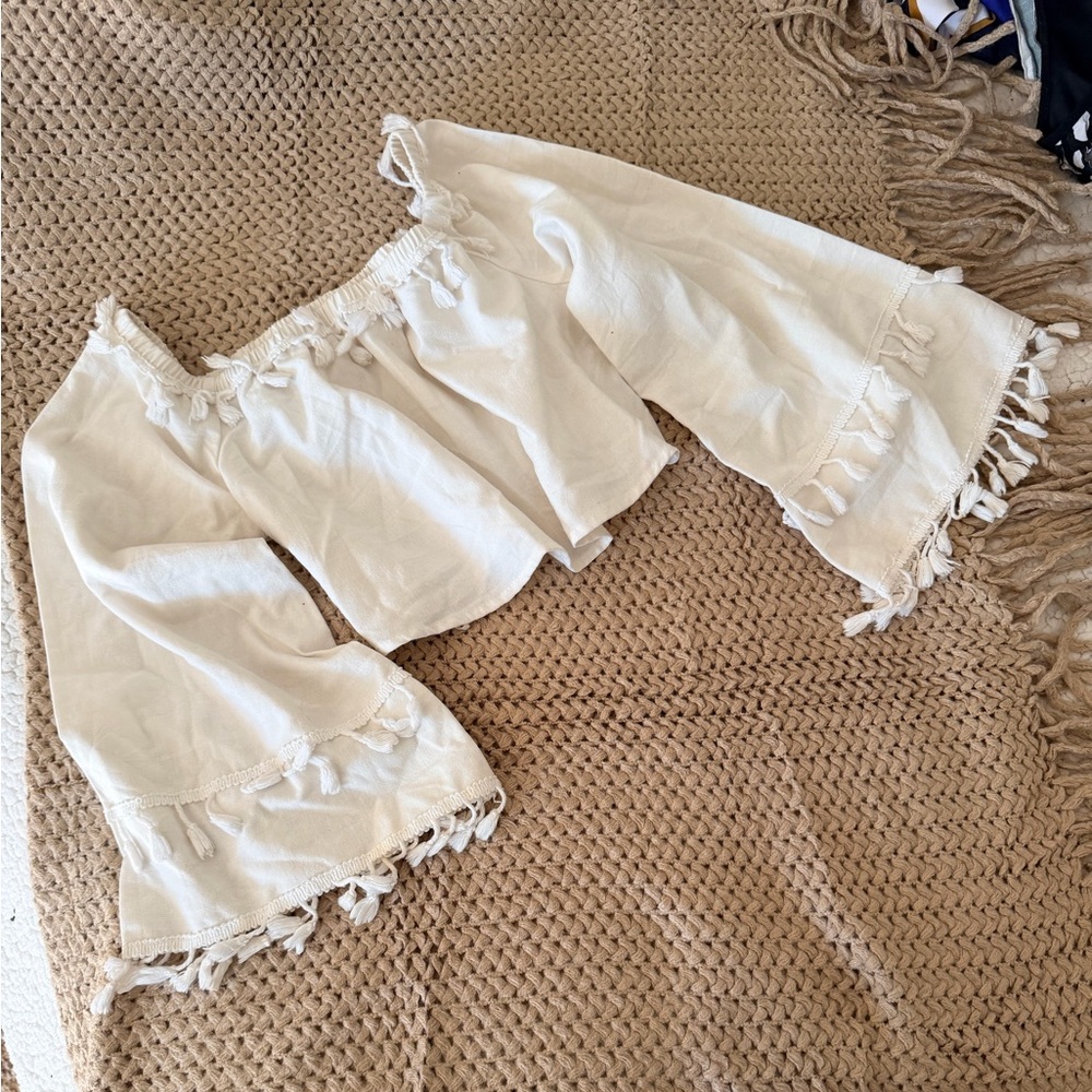 Off-Shoulder White Tassel Trim Women's Top